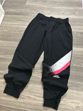adidas Kids Black Joggers with White & Pink Diagonal Stripe